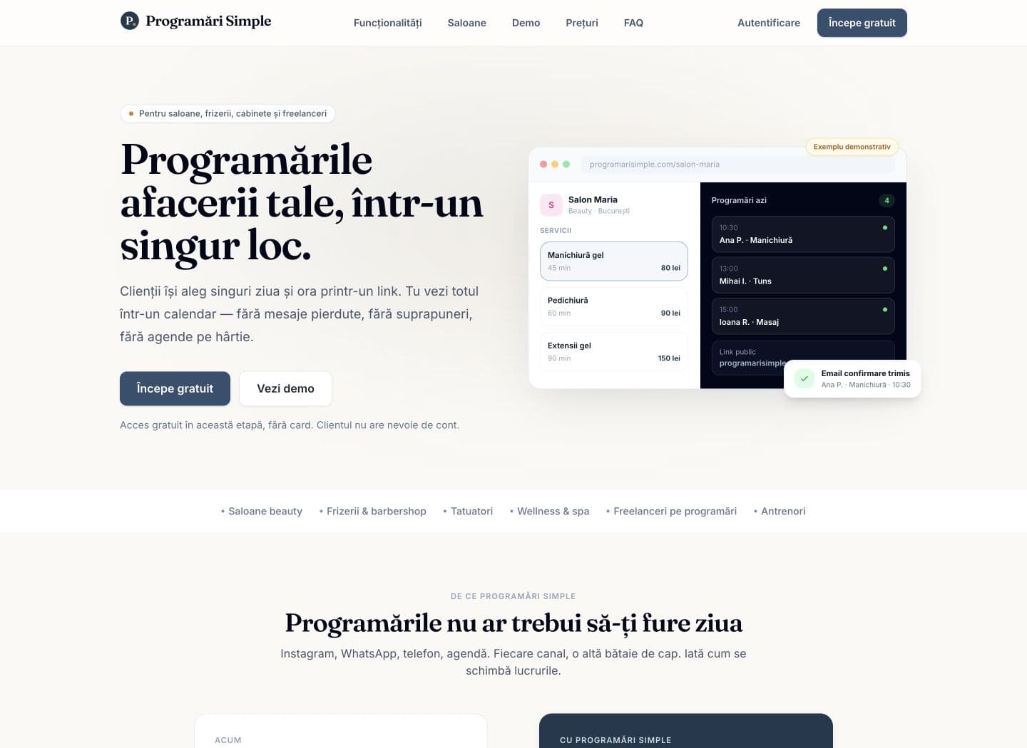 Programări Simple booking product shown on desktop and mobile